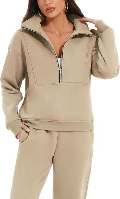 NEW🔥Women's 2 Piece Outfit Fleece Half Zip Sweatshirt Joggers Pants Set 