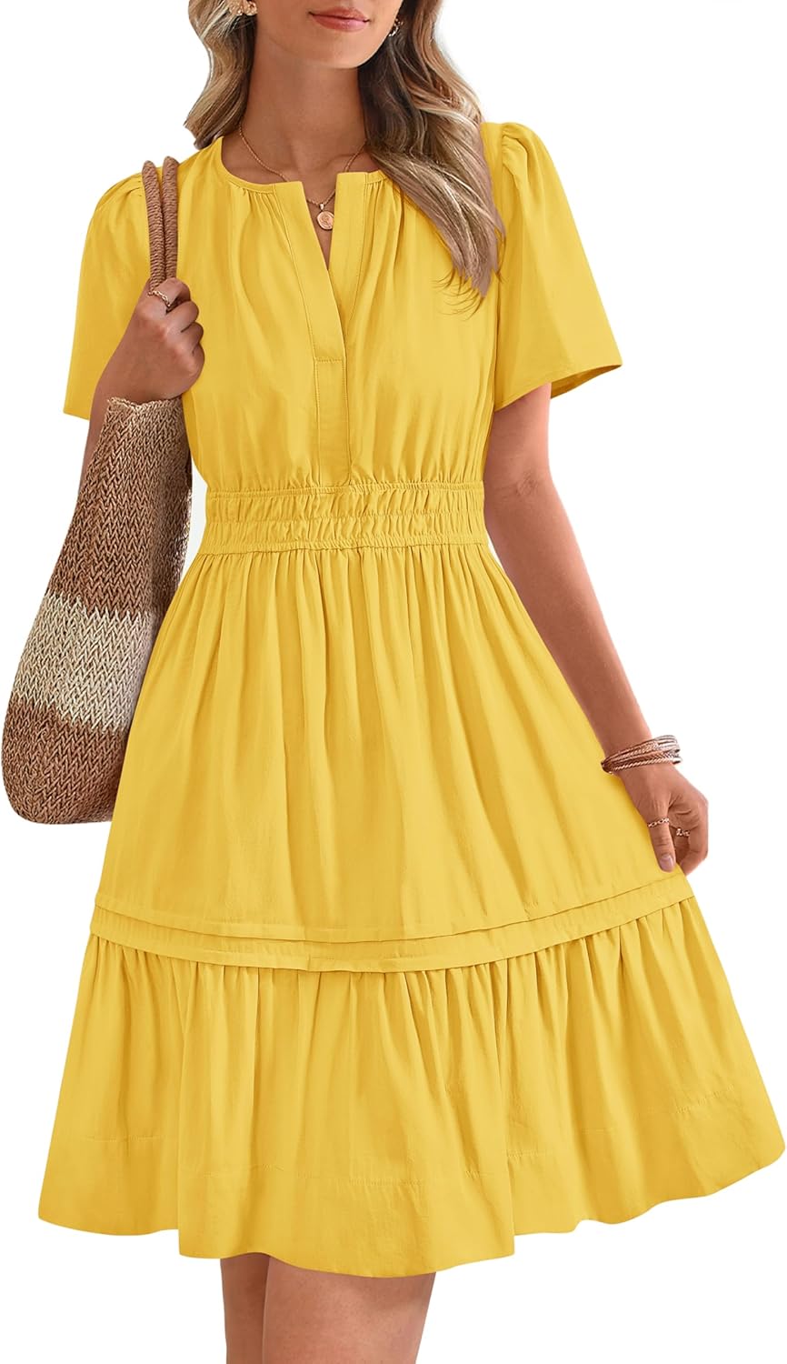 V Neck Short Sleeve Sundress Smocked Waist A Line Tiered Mini Dress