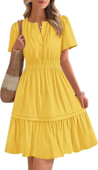V Neck Short Sleeve Sundress Smocked Waist A Line Tiered Mini Dress