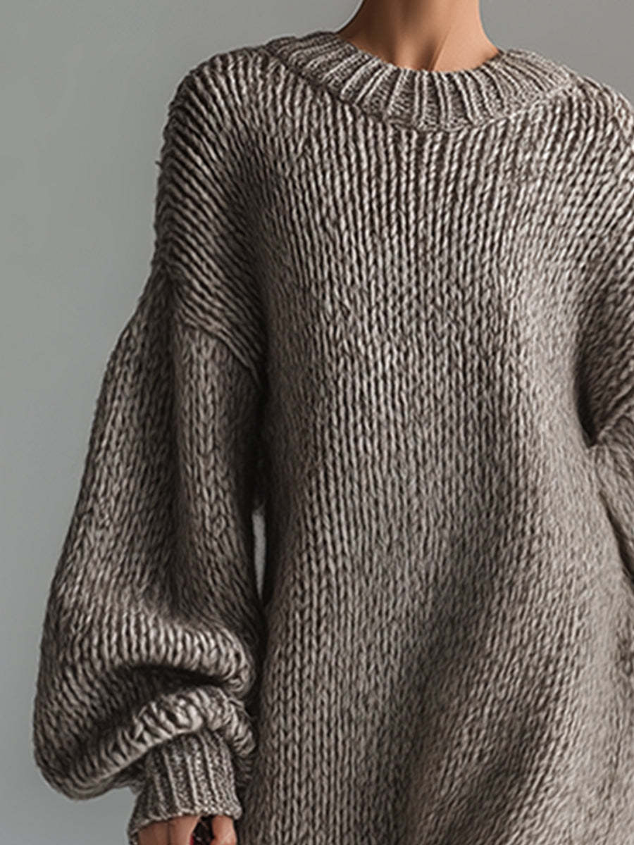 Elegant Urban Silhouette Round Neck Heathered Khaki Knitted Maxi Dress