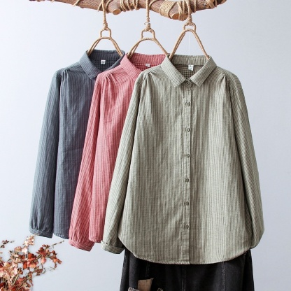 Women's Linen Cotton Casual Loose Stripe Shirt-Buy 3 Get Free Shipping