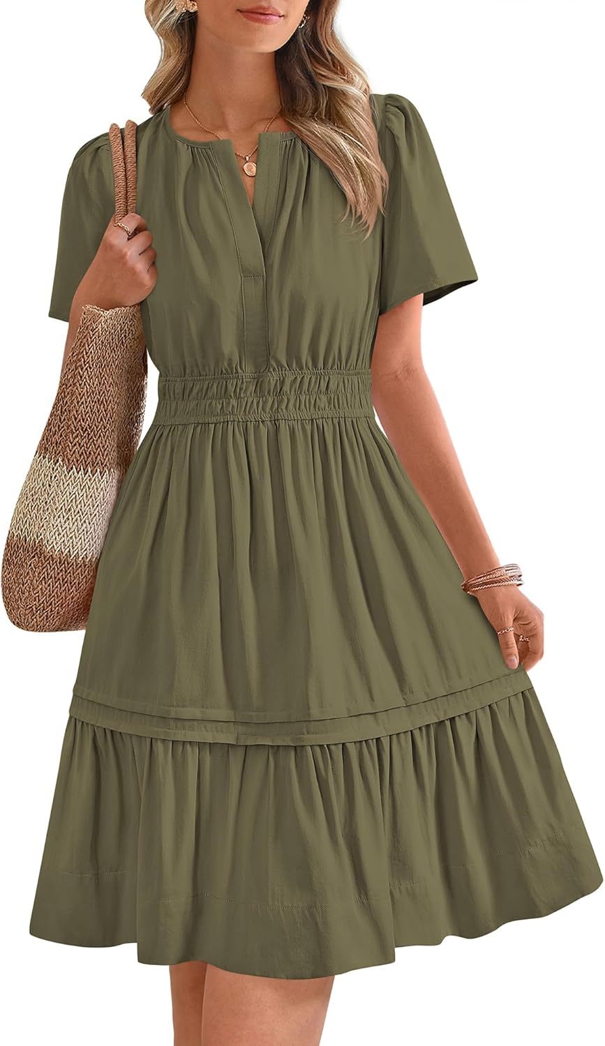 V Neck Short Sleeve Sundress Smocked Waist A Line Tiered Mini Dress