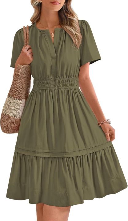V Neck Short Sleeve Sundress Smocked Waist A Line Tiered Mini Dress