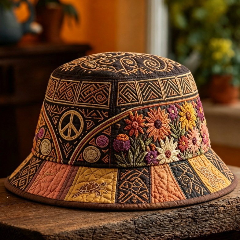 Quilted Black Bucket Hat Boho Tribal Hippie Floral