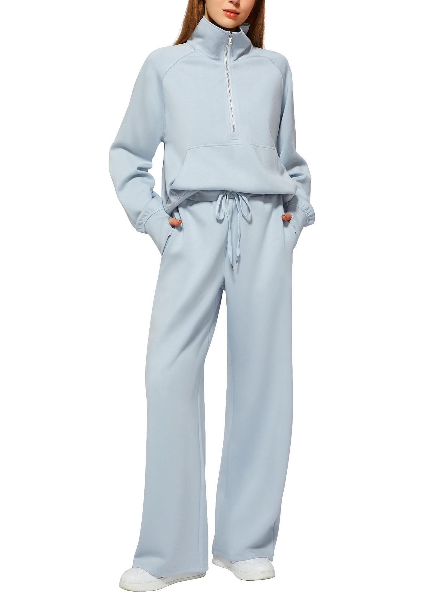CLEARANCE SALE🔥 Women's Solid Color Cotton Half Zip Two-Piece Set