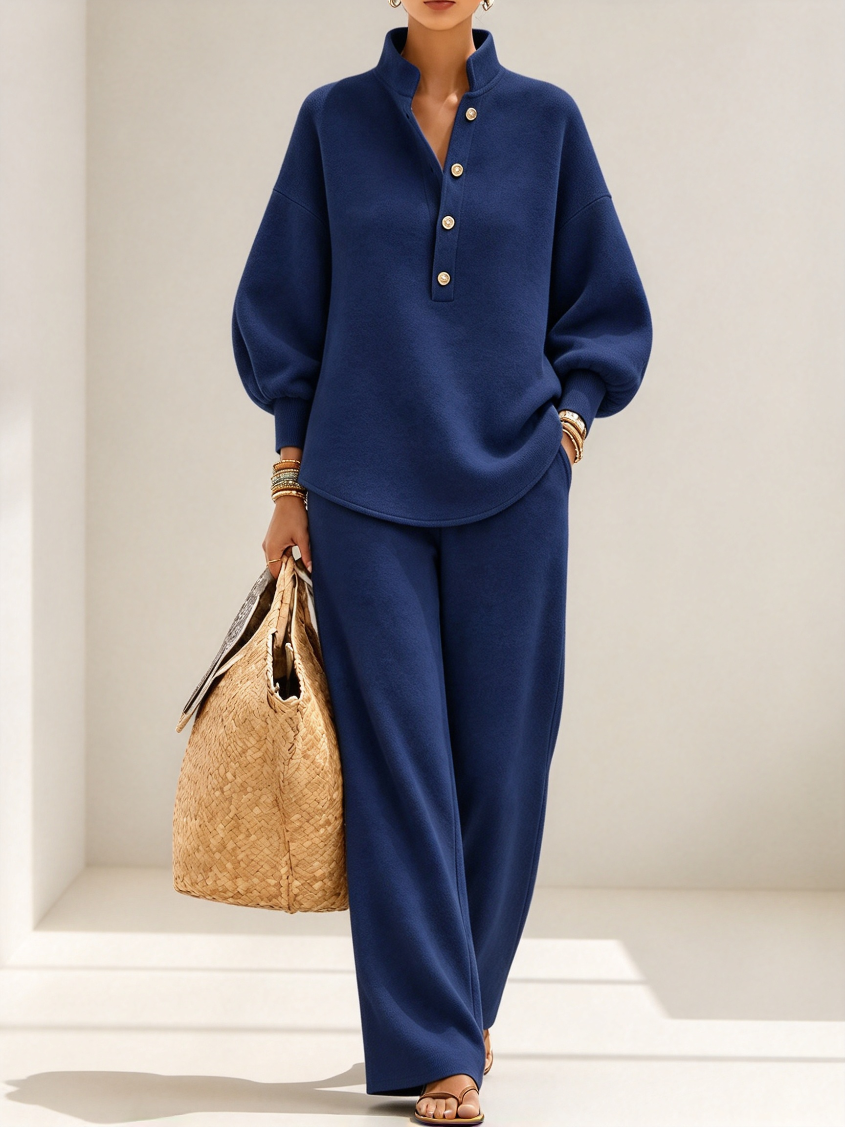 Women's Stand Collar Button Loose Sweatshirt Wide Leg Pants 2 Piece Casual Outfit Set