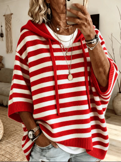 Womens Solid Hoodies Sweater 3/4 Sleeves Drawstring Loose Knit Pullover Sweater