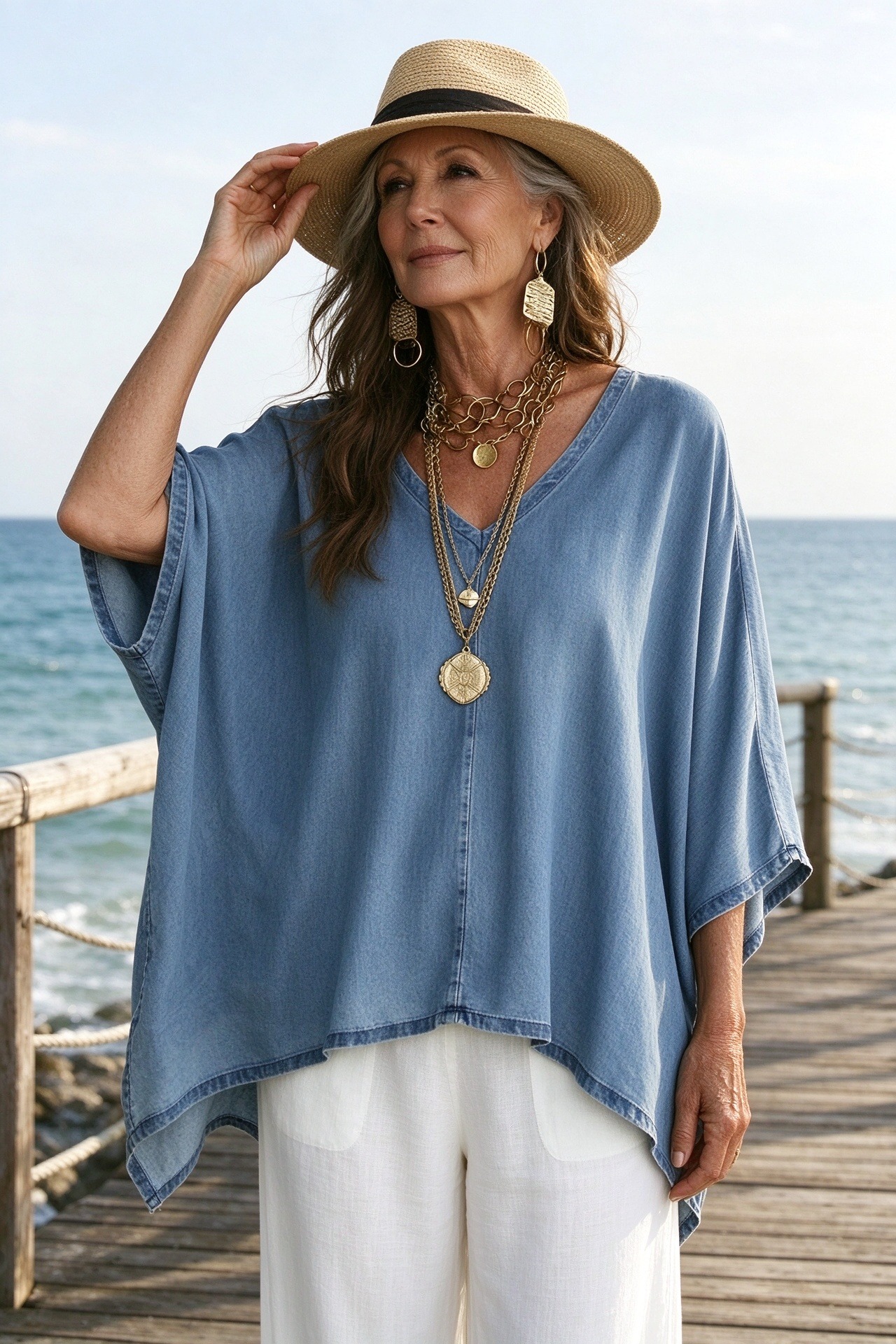 Women’s Relaxed V-Neck Chambray Blouse – Loose Fit & Plus-Size Friendly