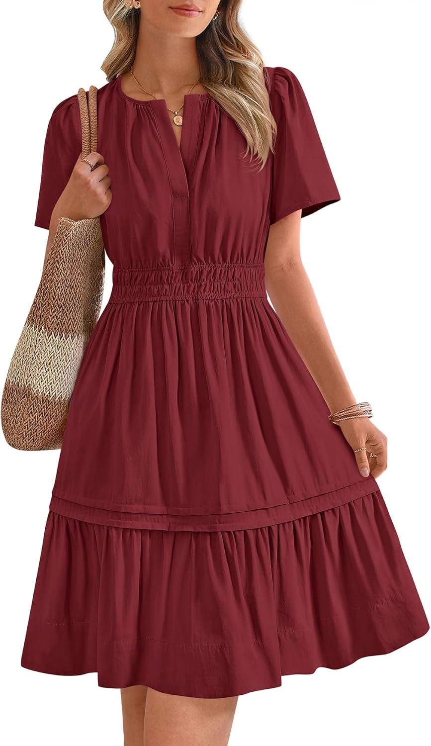 V Neck Short Sleeve Sundress Smocked Waist A Line Tiered Mini Dress
