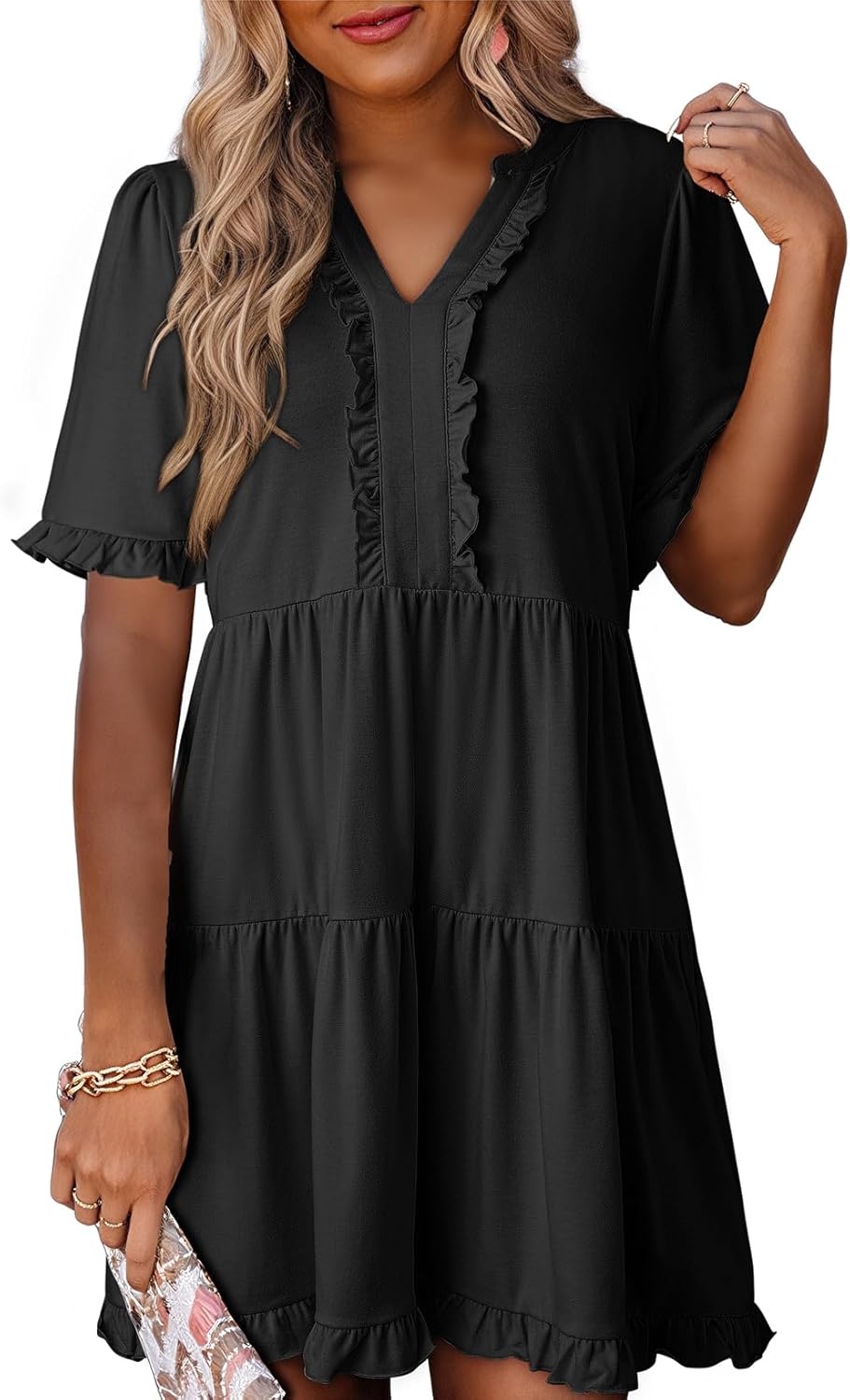 V Neck Short Sleeve Casual A Line Flowy Swing Shift Dress Mini Dress