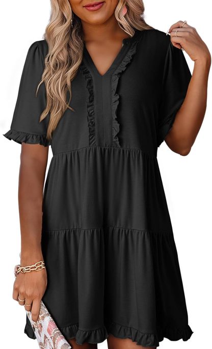 V Neck Short Sleeve Casual A Line Flowy Swing Shift Dress Mini Dress