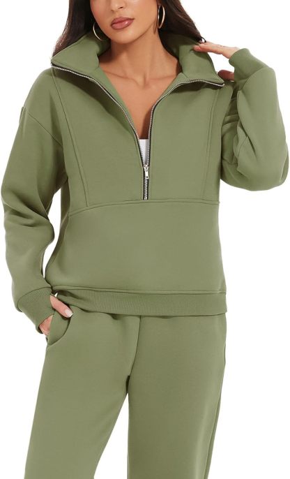 NEW🔥Women's 2 Piece Outfit Fleece Half Zip Sweatshirt Joggers Pants Set 