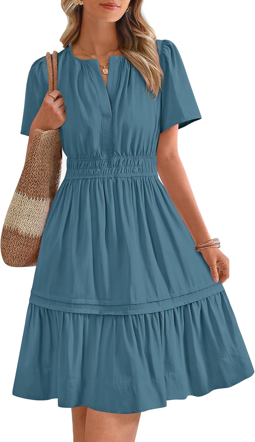 V Neck Short Sleeve Sundress Smocked Waist A Line Tiered Mini Dress