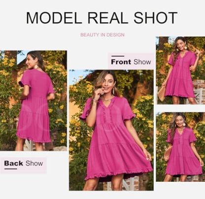 V Neck Short Sleeve Casual A Line Flowy Swing Shift Dress Mini Dress