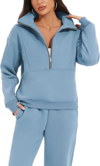 NEW🔥Women's 2 Piece Outfit Fleece Half Zip Sweatshirt Joggers Pants Set 