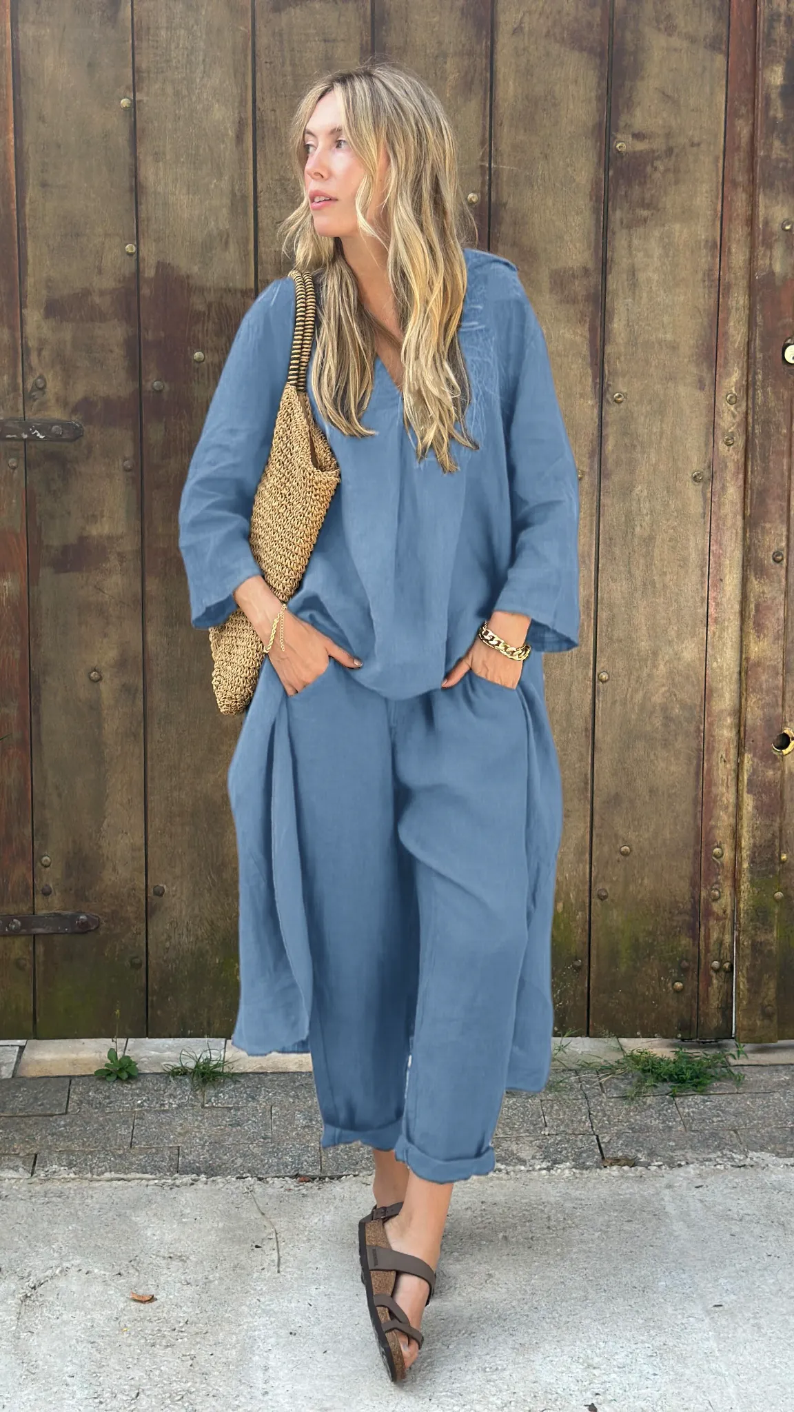 Comfortable Cotton and linen casual solid color 2-piece Set(Buy 2 Free