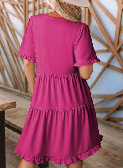 V Neck Short Sleeve Casual A Line Flowy Swing Shift Dress Mini Dress