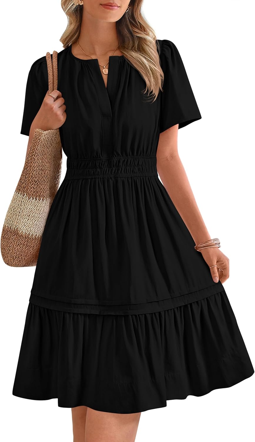 V Neck Short Sleeve Sundress Smocked Waist A Line Tiered Mini Dress