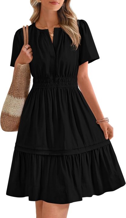 V Neck Short Sleeve Sundress Smocked Waist A Line Tiered Mini Dress