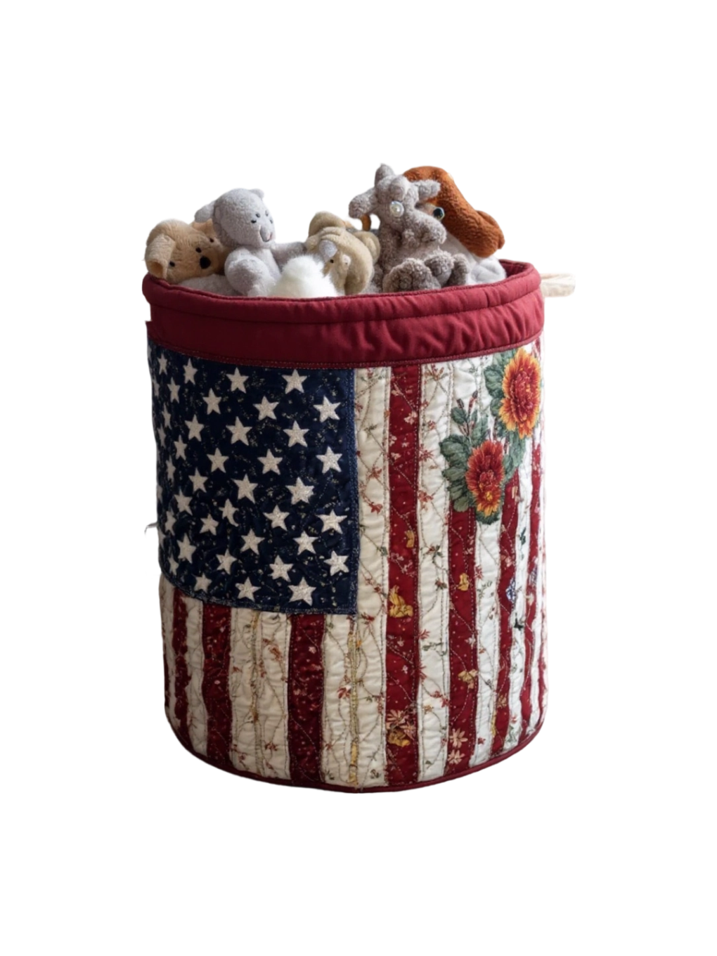 Patriotic Embroidered Flower Flag Laundry Basket