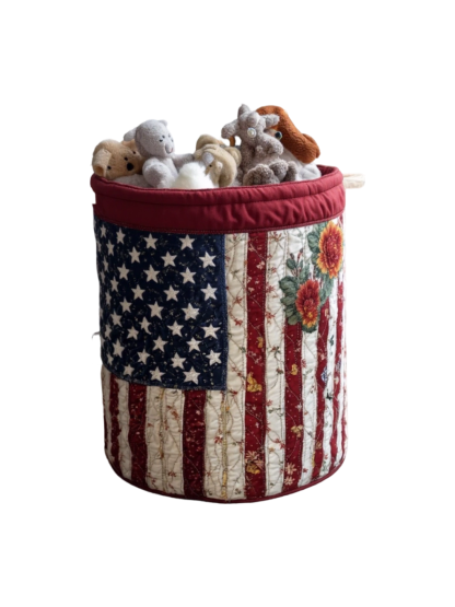 Patriotic Embroidered Flower Flag Laundry Basket