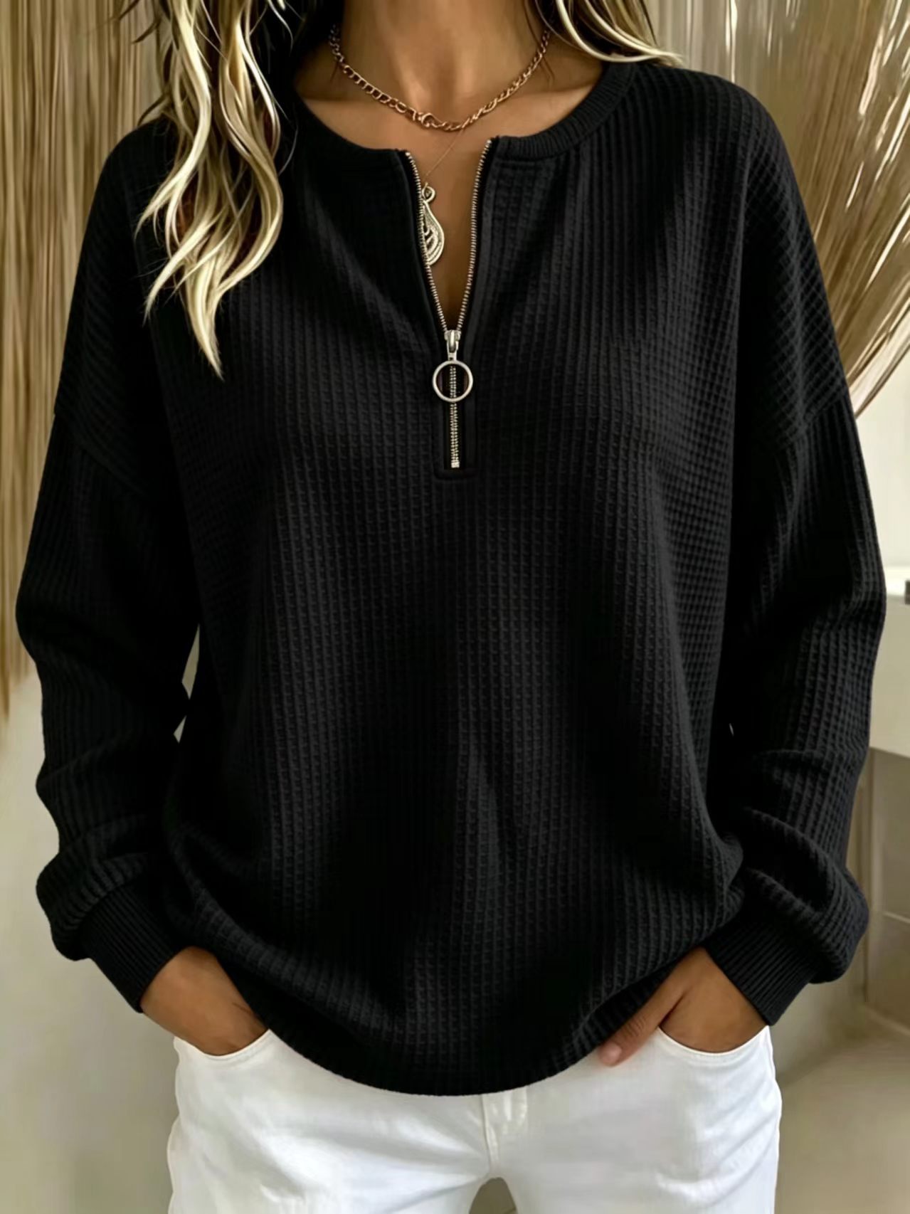 CLEARANCE SALE🔥Women's Waffle Knit Half-Zip Pullover