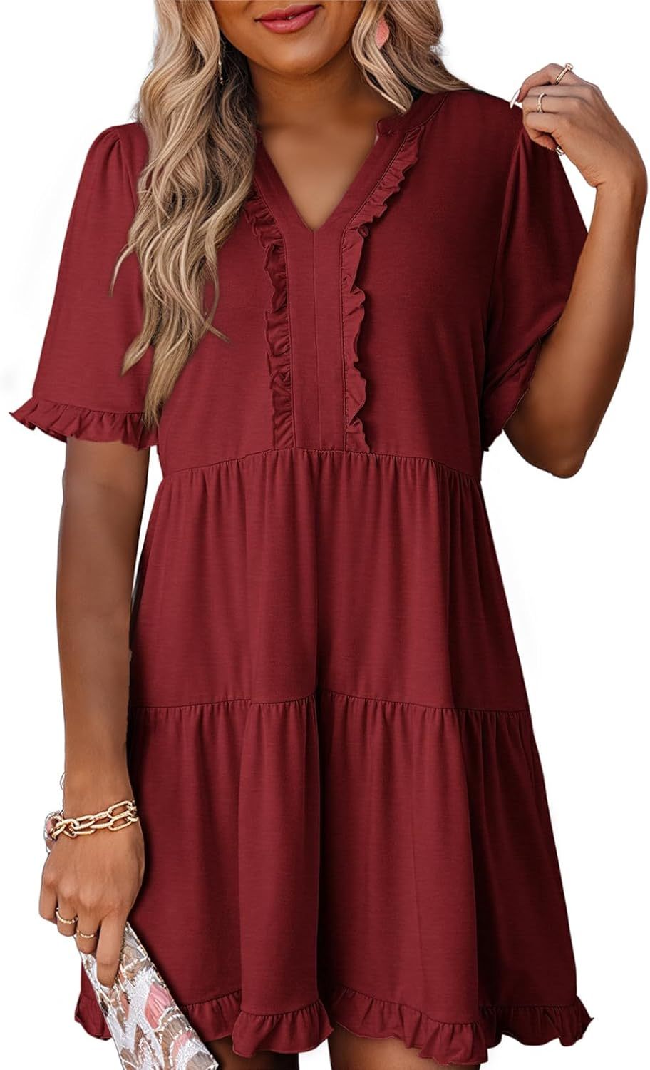 V Neck Short Sleeve Casual A Line Flowy Swing Shift Dress Mini Dress