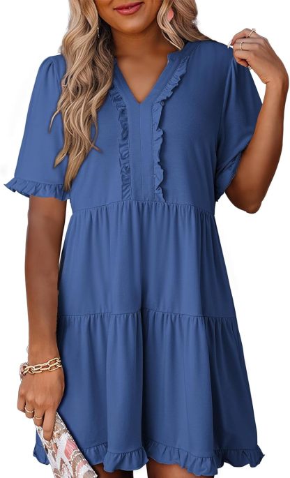 V Neck Short Sleeve Casual A Line Flowy Swing Shift Dress Mini Dress