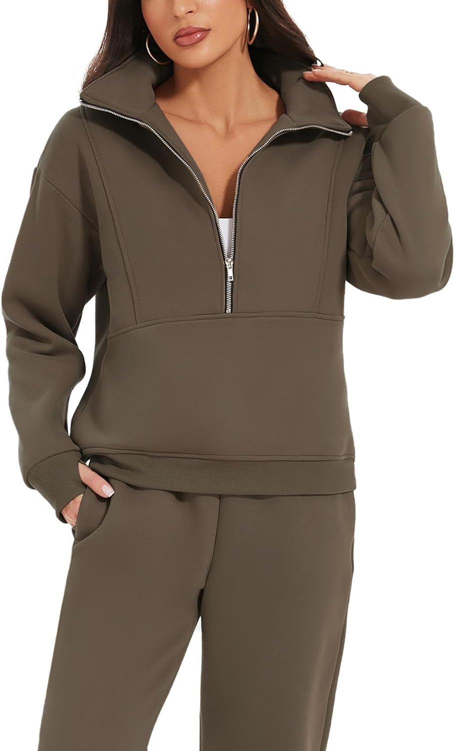 NEW🔥Women's 2 Piece Outfit Fleece Half Zip Sweatshirt Joggers Pants Set 