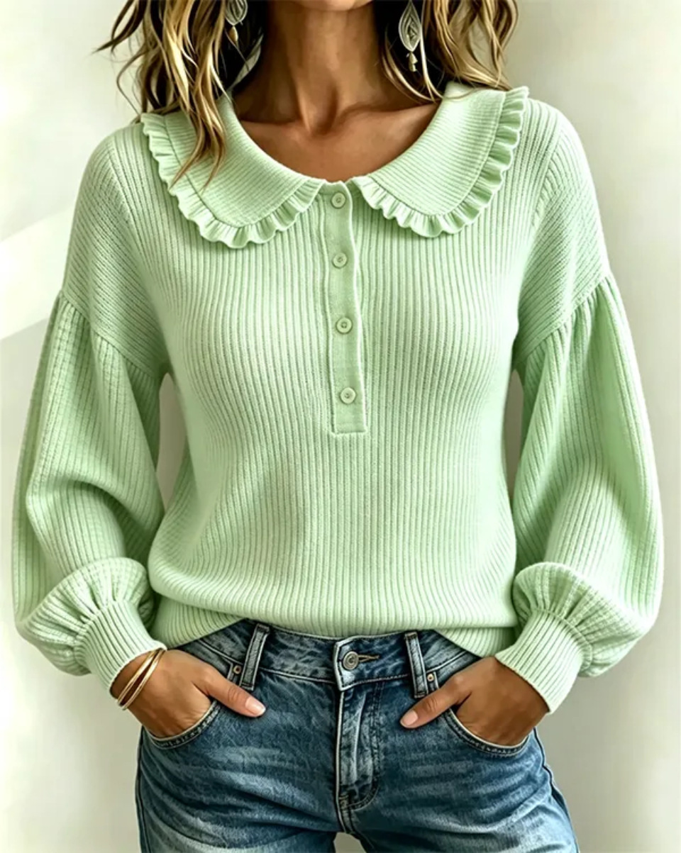 Women's Ruffled Collar Ribbed Knit Sweater