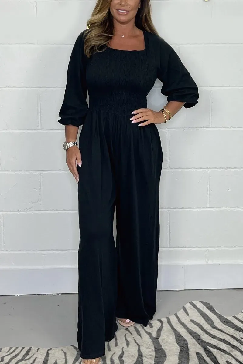 CLEARANCE🔥 Solid Color Long Sleeve Elastic Waist Wide Leg Jumpsuit