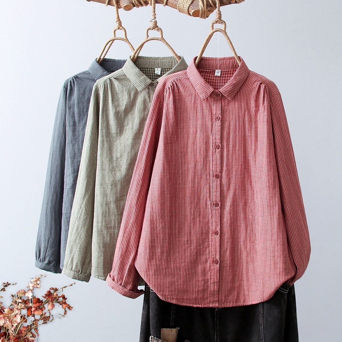 Women's Linen Cotton Casual Loose Stripe Shirt-Buy 3 Get Free Shipping