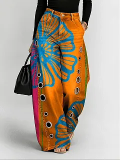 50% OFF Retro Graphic Print Wide Leg Pants Stylish Hollow Out Grommet Denim Trousers