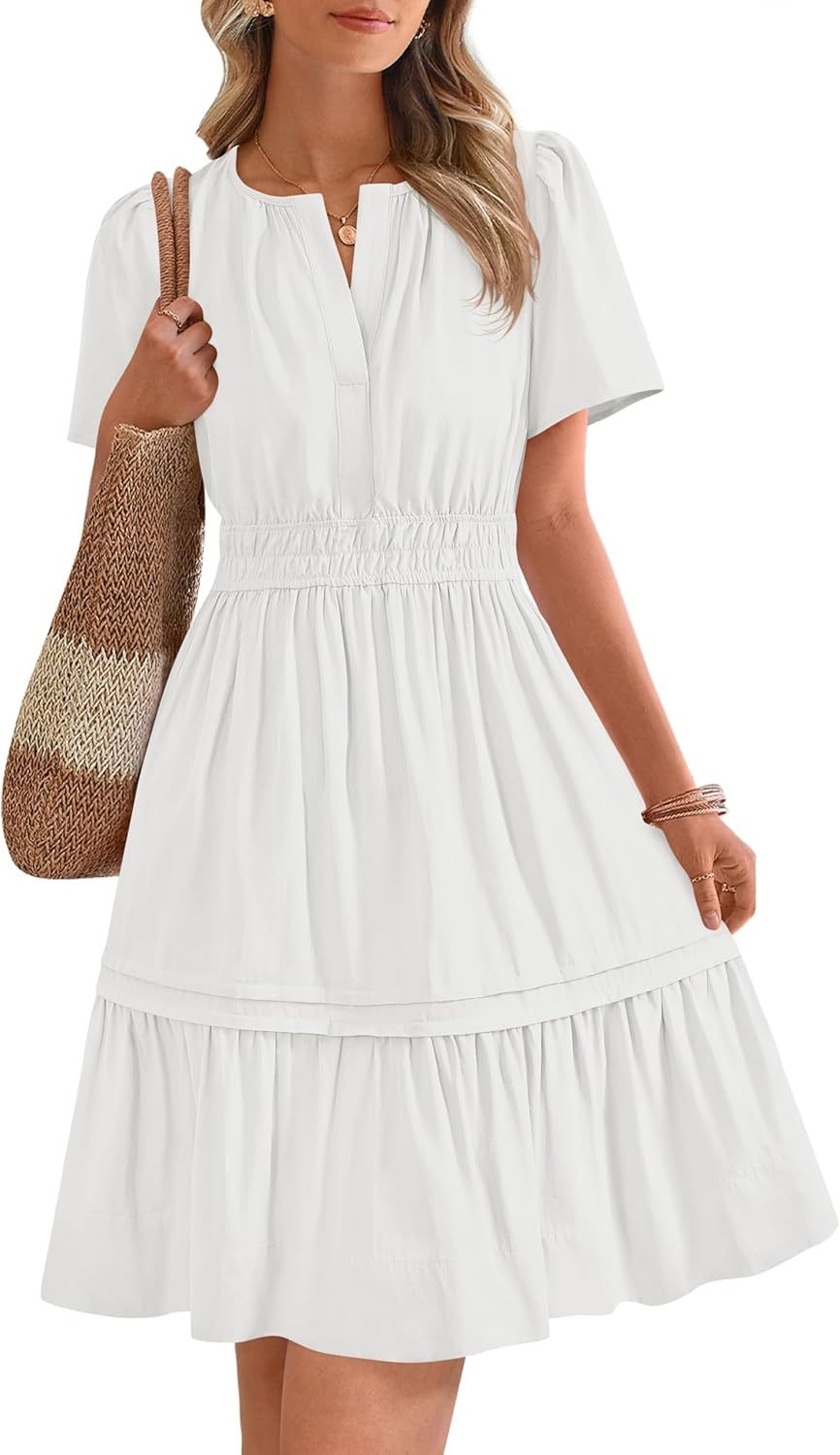 V Neck Short Sleeve Sundress Smocked Waist A Line Tiered Mini Dress