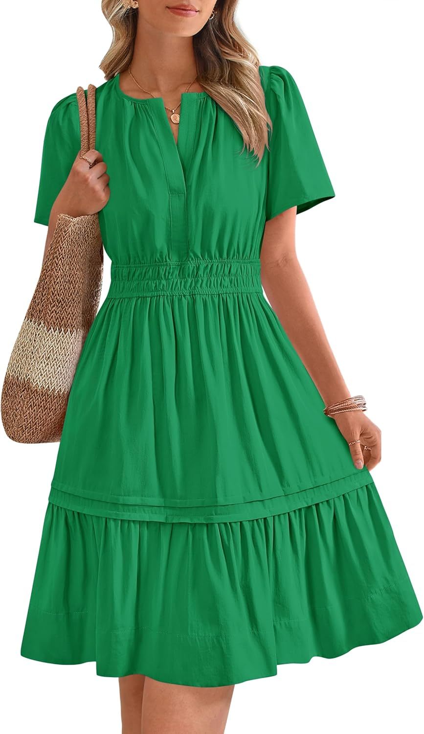 V Neck Short Sleeve Sundress Smocked Waist A Line Tiered Mini Dress