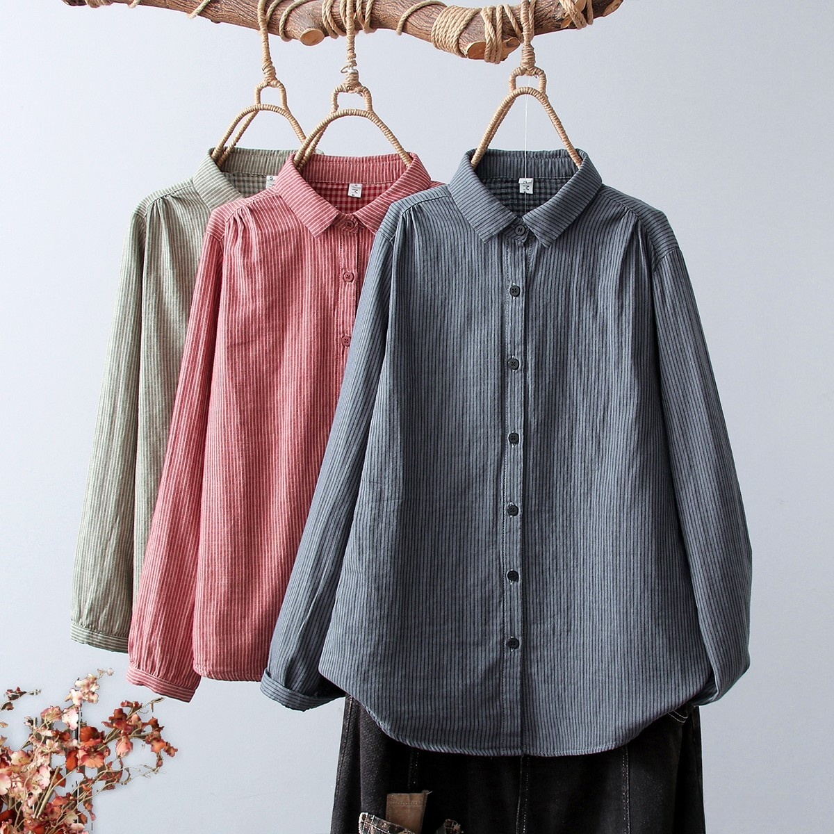 Women's Linen Cotton Casual Loose Stripe Shirt-Buy 3 Get Free Shipping