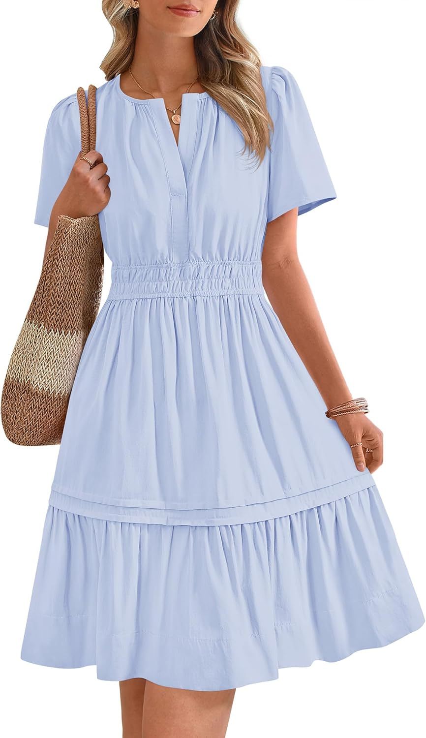 V Neck Short Sleeve Sundress Smocked Waist A Line Tiered Mini Dress