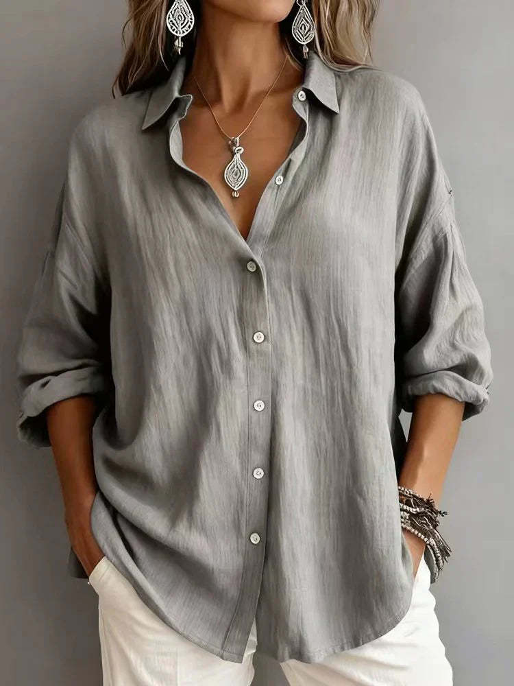Plain Pattern Long Sleeve Cotton And Linen Polo Shirt