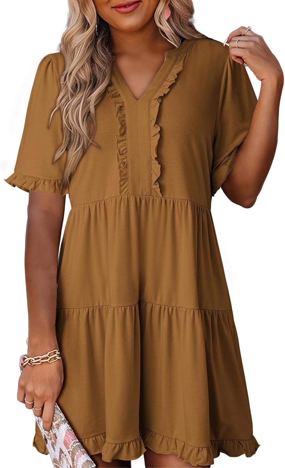 V Neck Short Sleeve Casual A Line Flowy Swing Shift Dress Mini Dress