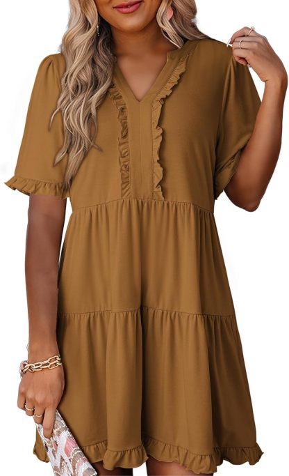 V Neck Short Sleeve Casual A Line Flowy Swing Shift Dress Mini Dress