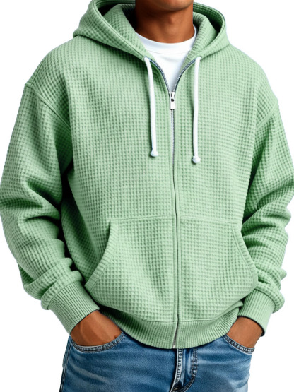 Men's Fashion Casual Waffle Weave Fabric Zipper Hooded Pocket Oversized Jacket