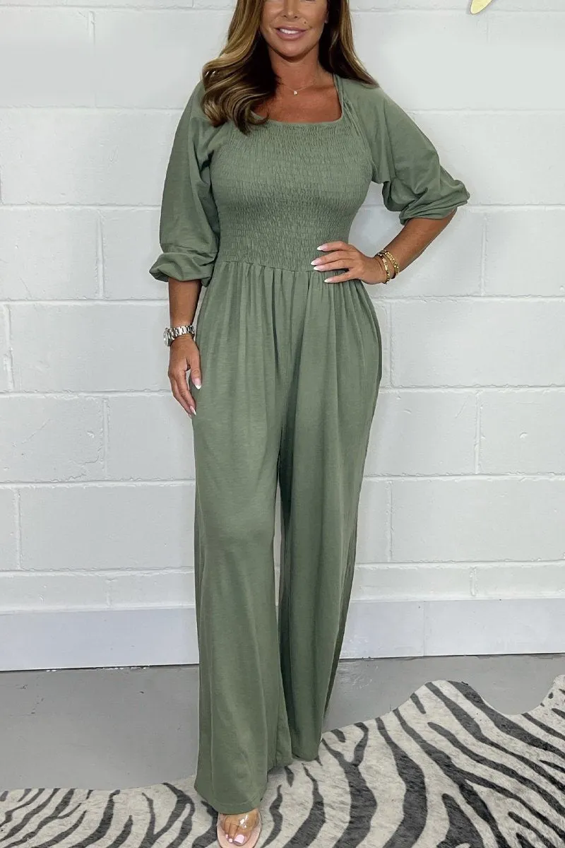 CLEARANCE🔥 Solid Color Long Sleeve Elastic Waist Wide Leg Jumpsuit