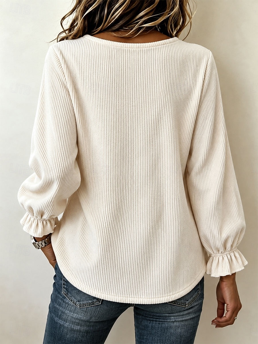 Women's Corduroy Shirt Blouse Ruffle Blouse Solid Color Plain Casual Long Sleeve V Neck Regular Tops Casual claret off white Black Pink Sky Blue Spring Fall 2026 - CAD $42.99 &ndash;P4