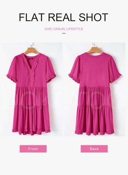 V Neck Short Sleeve Casual A Line Flowy Swing Shift Dress Mini Dress