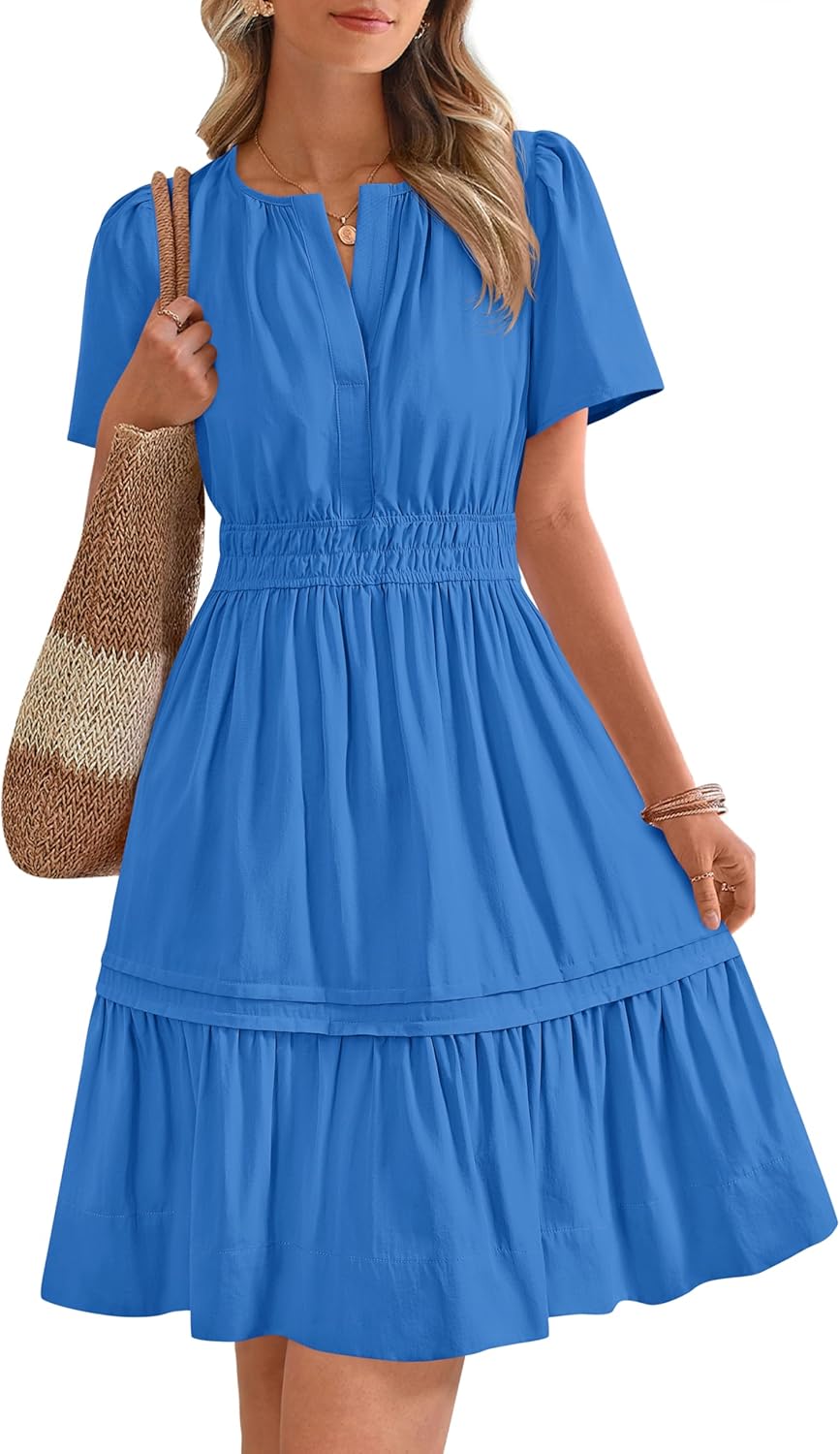 V Neck Short Sleeve Sundress Smocked Waist A Line Tiered Mini Dress