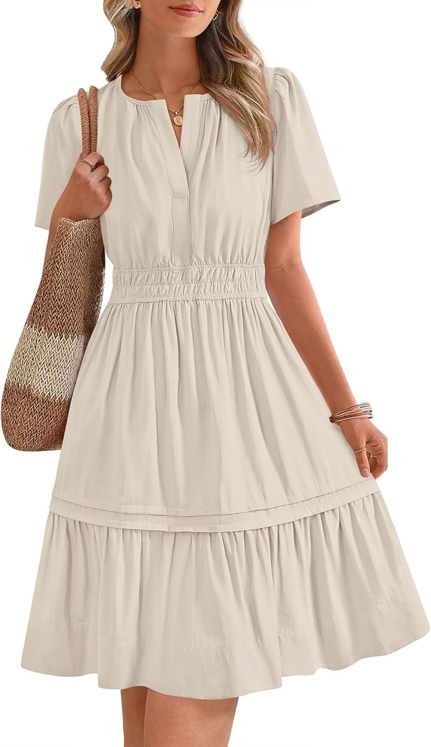 V Neck Short Sleeve Sundress Smocked Waist A Line Tiered Mini Dress