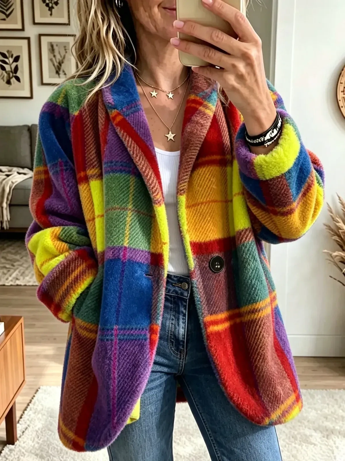 CLEARANCE SALE🔥Vibrant Plaid Fuzzy Fleece Jacket