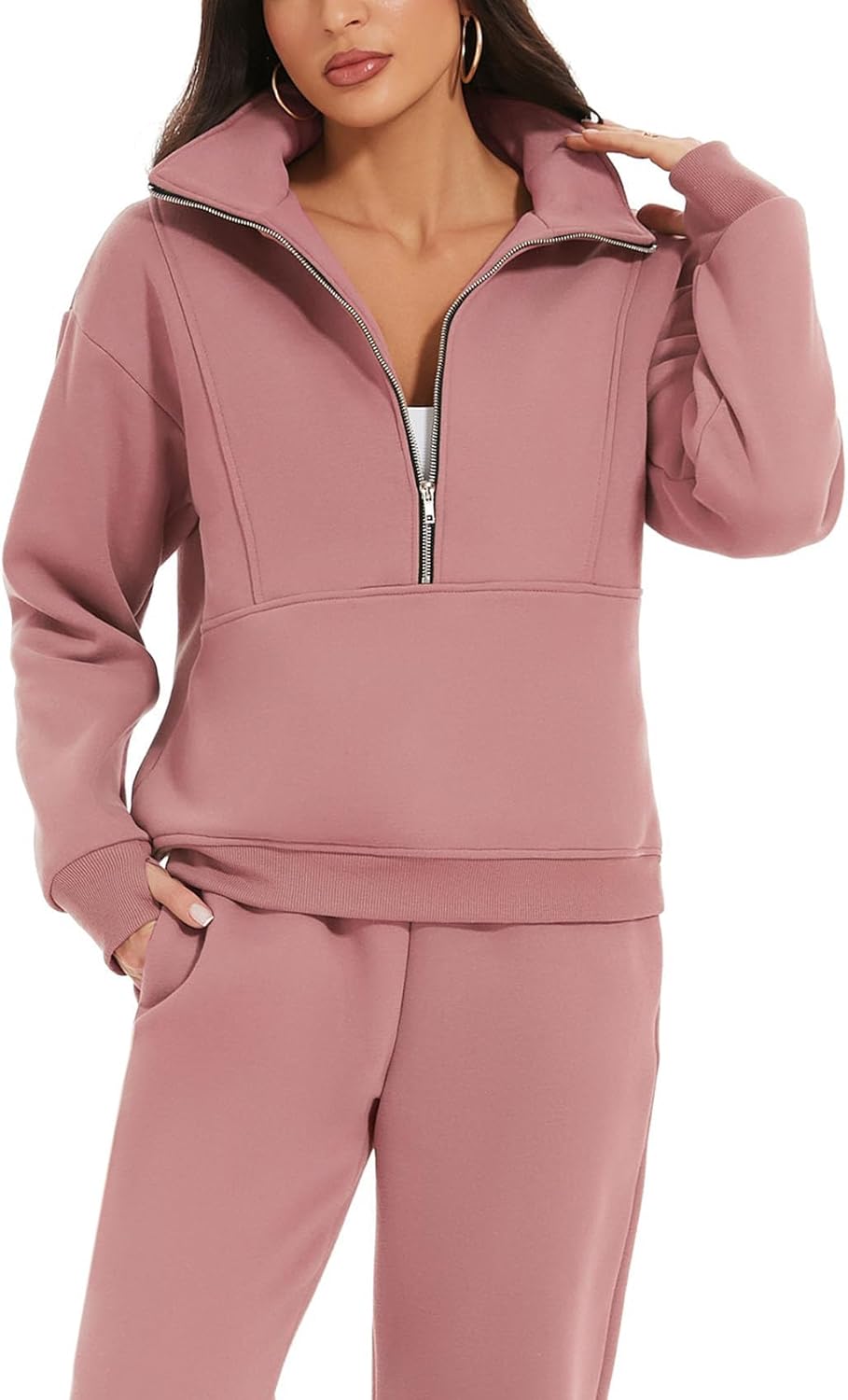NEW🔥Women's 2 Piece Outfit Fleece Half Zip Sweatshirt Joggers Pants Set 