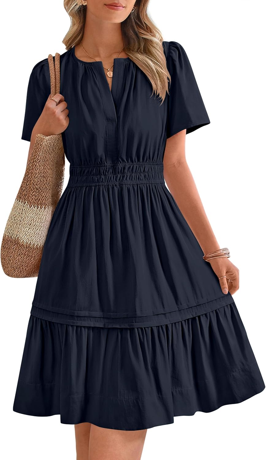 V Neck Short Sleeve Sundress Smocked Waist A Line Tiered Mini Dress