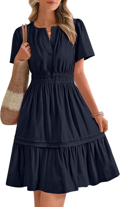 V Neck Short Sleeve Sundress Smocked Waist A Line Tiered Mini Dress